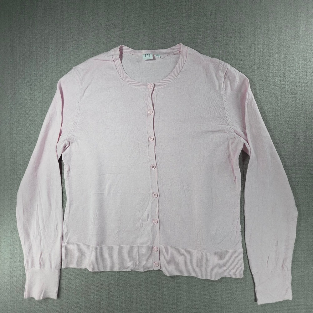 GAP Cardigan Women Large Pink Cotton Button Front Crew Neck Knit Sweater